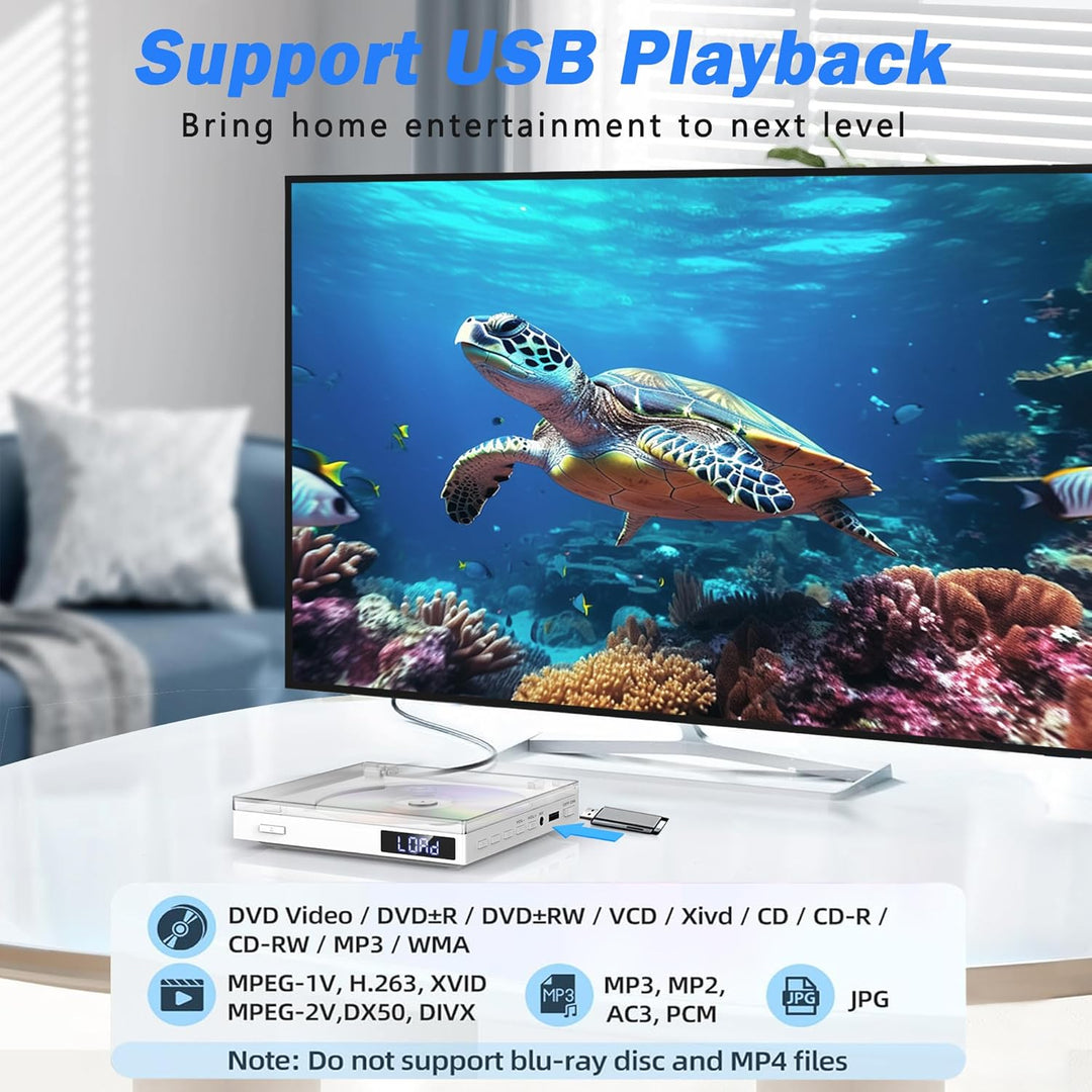 HDMI DVD Player für TV, Kompakter DVD Player HDMI mit Kopfhörer, eingebautem Lautsprecher und USB An