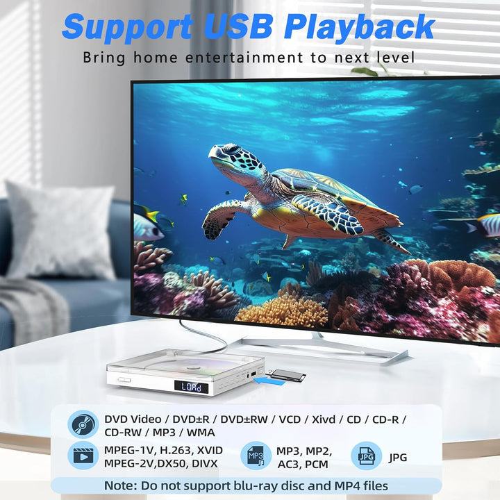 HDMI DVD Player für TV, Kompakter DVD Player HDMI mit Kopfhörer, eingebautem Lautsprecher und USB An