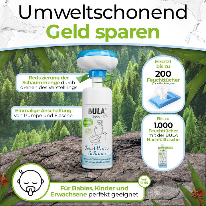 BULA® Popo Home Bundle | Feuchttuch-Schaum 150ml Flasche + Blumen-Schaumpumpe inkl. Edelstahl Halter