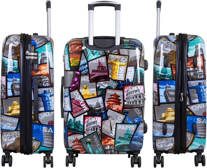 Trendyshop365 grosser Reisekoffer Hartschale 77 cm - bunt Motiv Weltreise Rio Athen Paris Reisekoffe