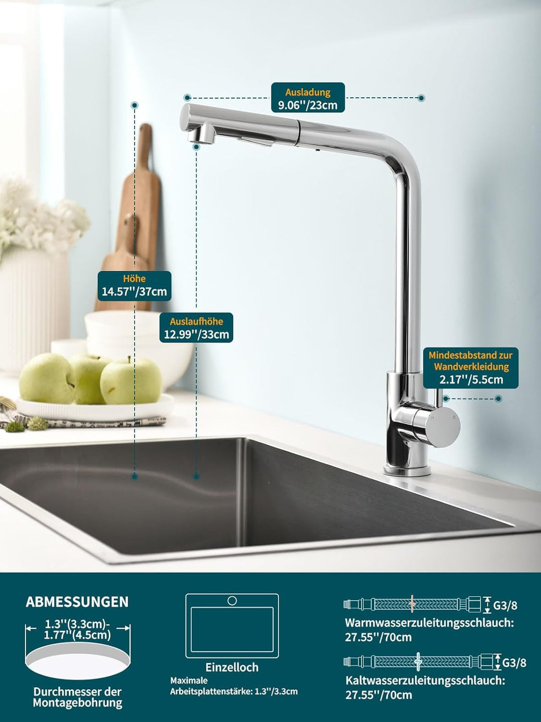 Hiqufet Wasserhahn Küche, Ausziehbare Küchenarmatur mit Sprühbrause aus Edelstahl und 2 Sprühfunktio