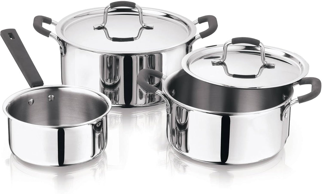 Kochgeschirr-Set, 2 Töpfe Ø 20 x 24 cm + Kasserolle Ø 16 cm aus Edelstahl und Silikongriffen. Master
