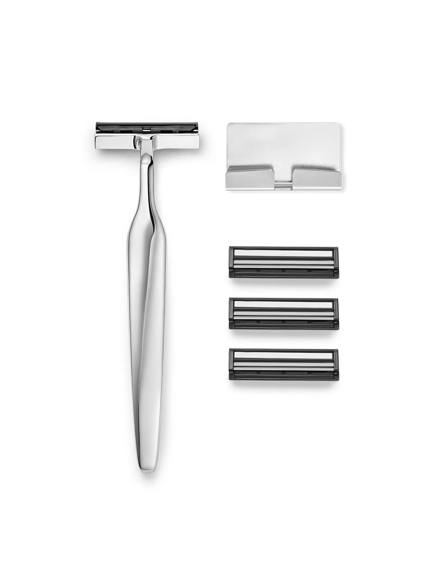 Melle Chrome, Metall Rasierer Damen, 1x Metall Rasierkopf & Aufhängung in Farbe Chrome, 3x Rasierkli