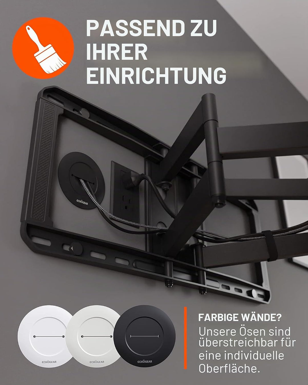 Echogear Kabel-Abdeckung für Wandfernseher - Wand-Kabeltüllen-Kit CMIWG Schwarz, Schwarz
