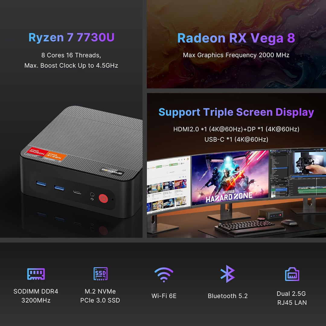 BOSGAME P4ultra Mini PC Ryzen 7 7730U (bis zu 4,5 GHz, 8C/16T) Mini-Computer, DDR4 16 GB RAM, 1 TB M