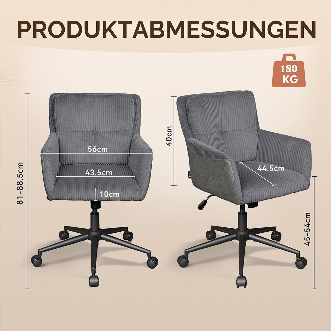 DEVAISE Homeoffice Stuhl Cord Stoff Dunkelgrau, Ergonomischer Schminktischstuhl mit Kissen, höhenver
