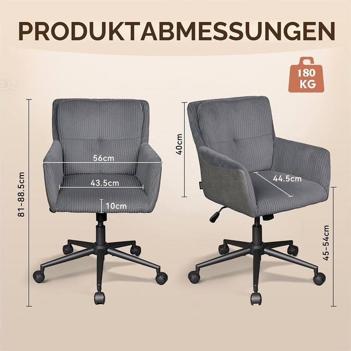 DEVAISE Homeoffice Stuhl Cord Stoff Dunkelgrau, Ergonomischer Schminktischstuhl mit Kissen, höhenver