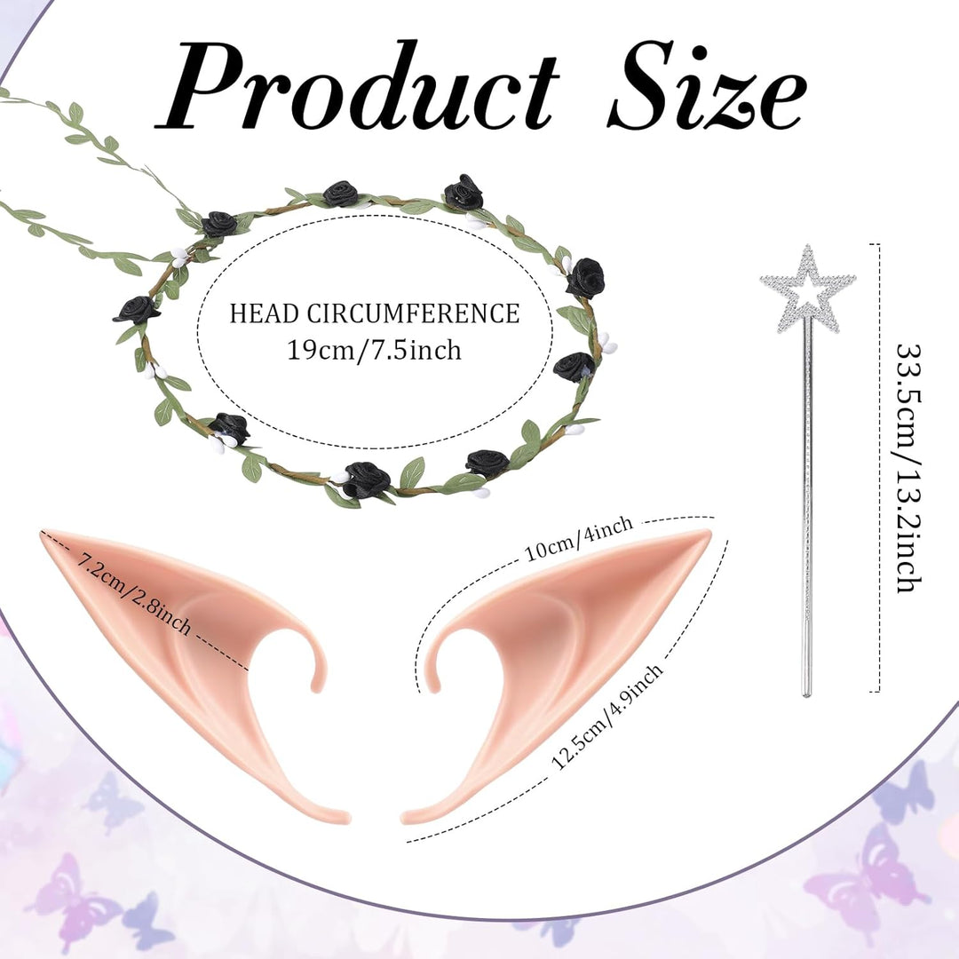 4 Stück Feenflügel Erwachsene Set Schmetterlingsflügel Blumenkranz Feenstab Elfenohren Fasching Dame