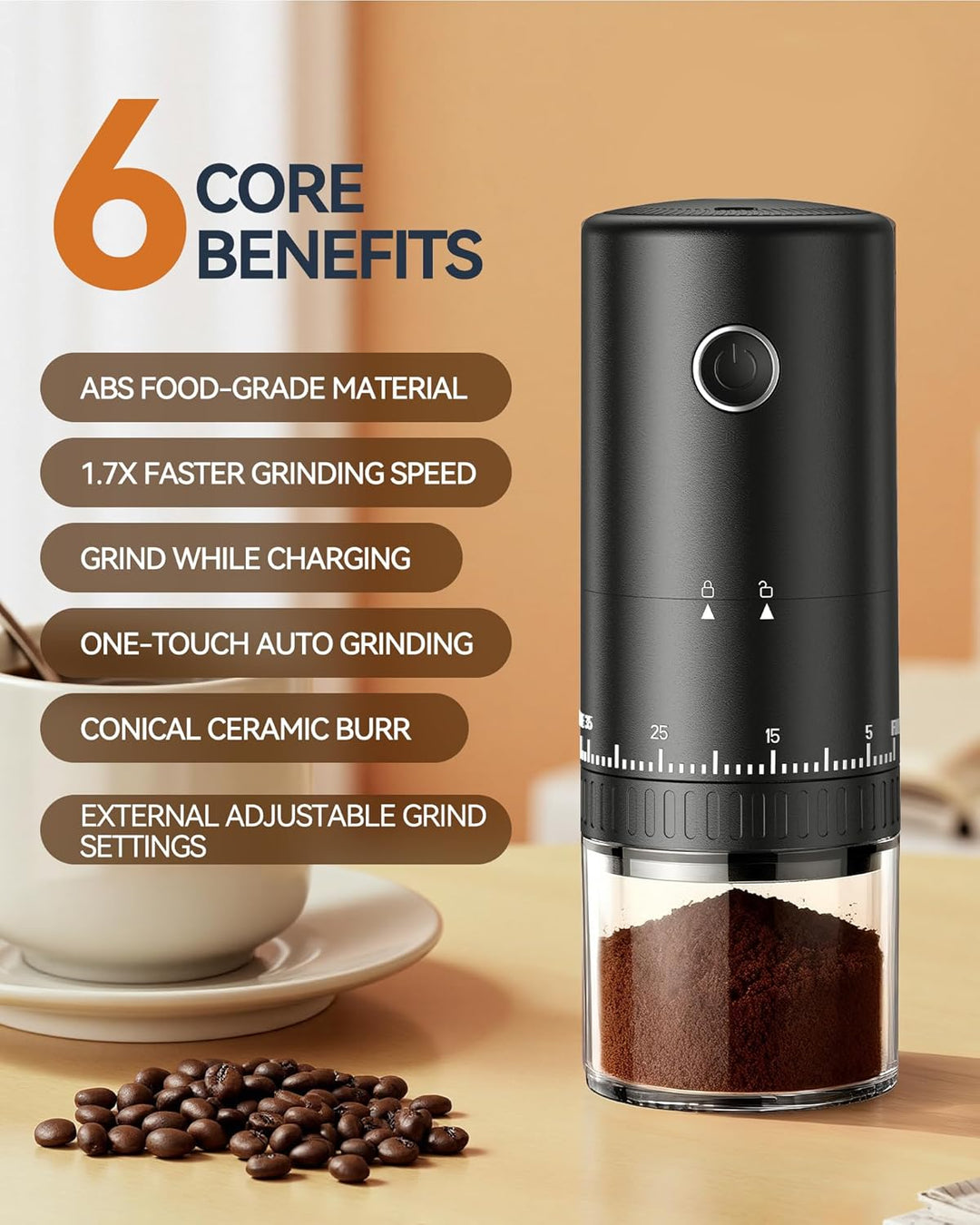 Erste Aufladbare Kaffeemühle mit Mahlfunktion während des Ladevorgangs, 1,7X Schnellere Mahlleistung