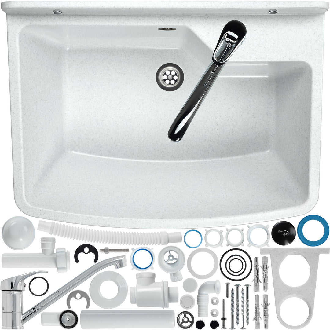 GOSPO Ausgussbecken mit stehende Armatur, Waschbecken 61 cm x 44 cm x 23,5 cm, Waschtrog mit Überlau