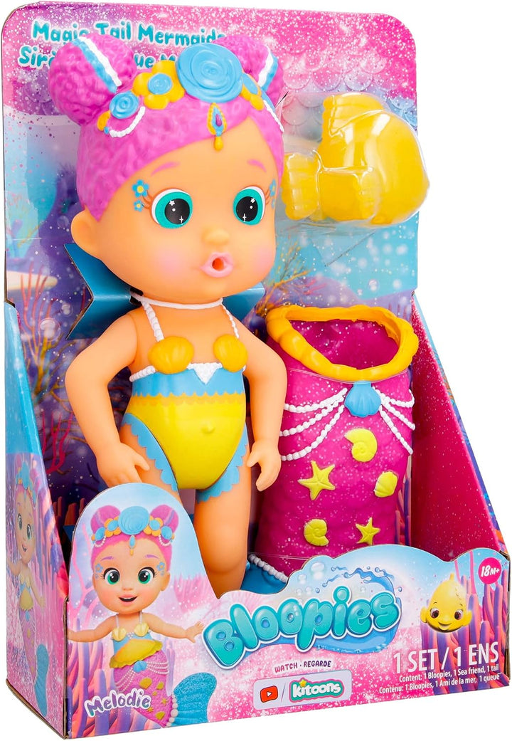 BLOOPIES Magic Tail Mermaids Melodie Meerjungfrau-Puppe mit abnehmbarem glänzendem Schwanz und ihrem