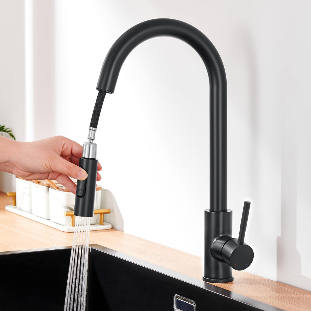 Lonheo Schwarze Edelstahl Küchenarmatur mit Dual-Spülbrause, 360° drehbar Wasserhahn Küche ausziehba