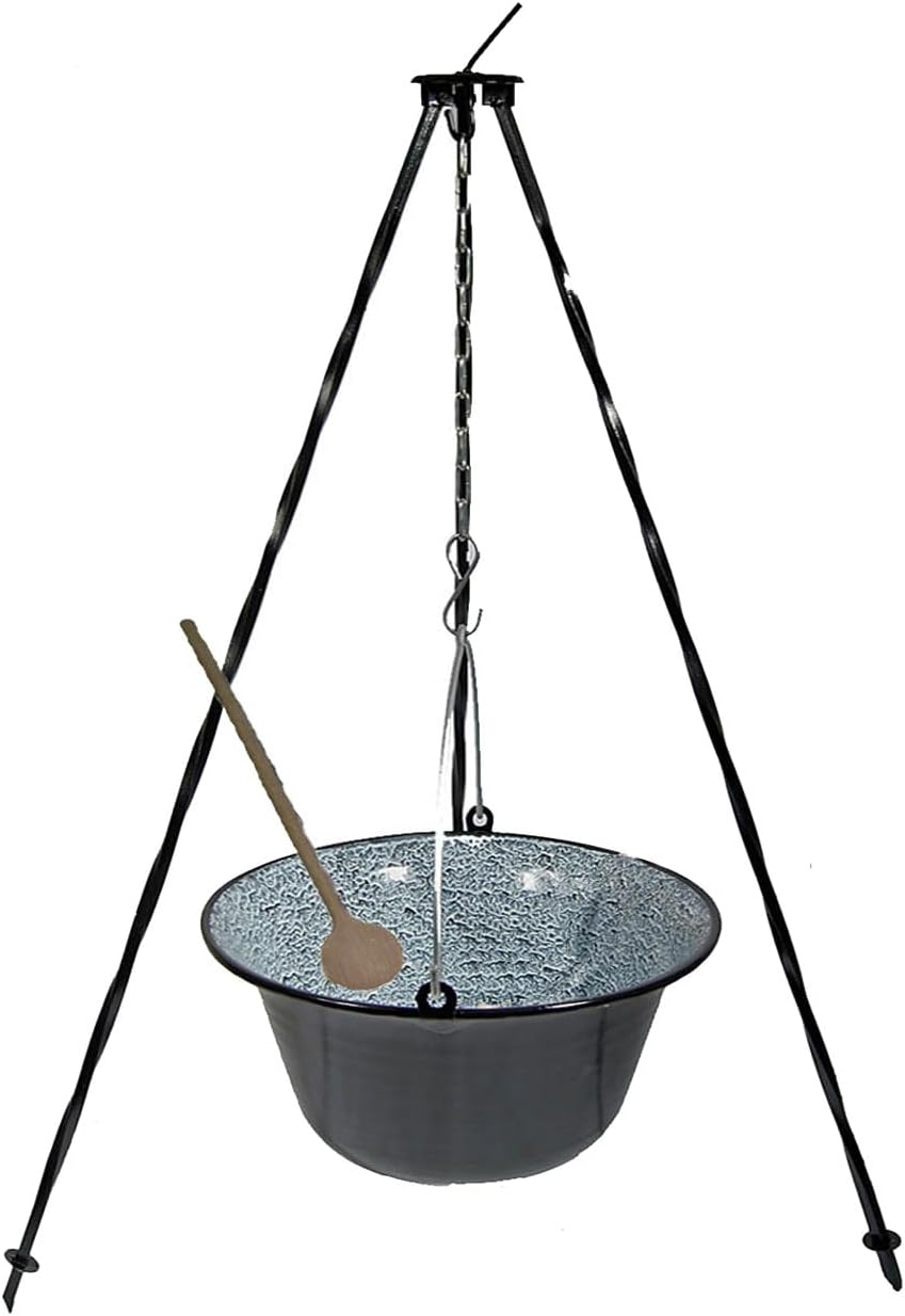 troph-e-shop 14 Liter Suppentopf Emaille + Dreibein 1,0 m + Kochlöffel Suppenkessel Hordentopf Feuer