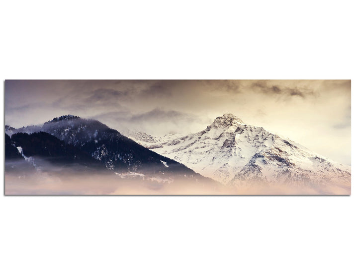 Paul Sinus Art Panoramabild auf Leinwand und Keilrahmen 120x40cm Berge Bäume Nebel Schnee Dämmerung