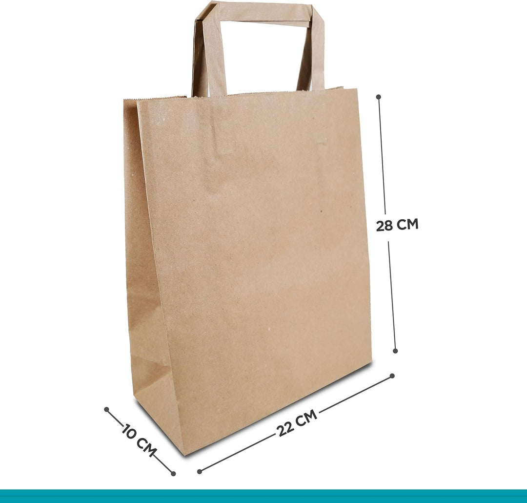 Commerline Papiertüten 250 Stück, Braun, 22+10x28 cm | Kraftpapier Tüten Klein Mit Henkel | Tragetas
