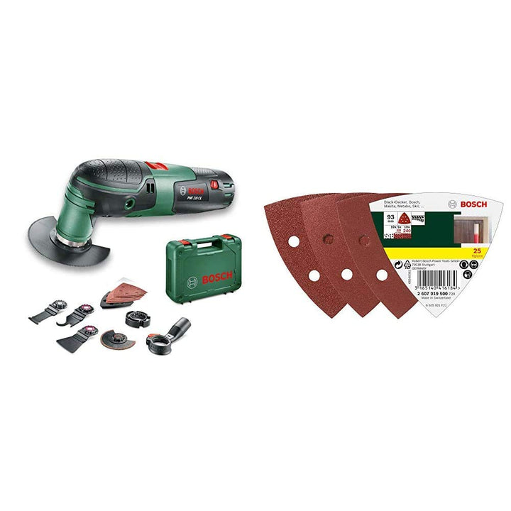 Bosch Multifunktionswerkzeug PMF 220 CE Set (220 Watt, im Koffer) & 25tlg. Schleifblatt-Set verschie