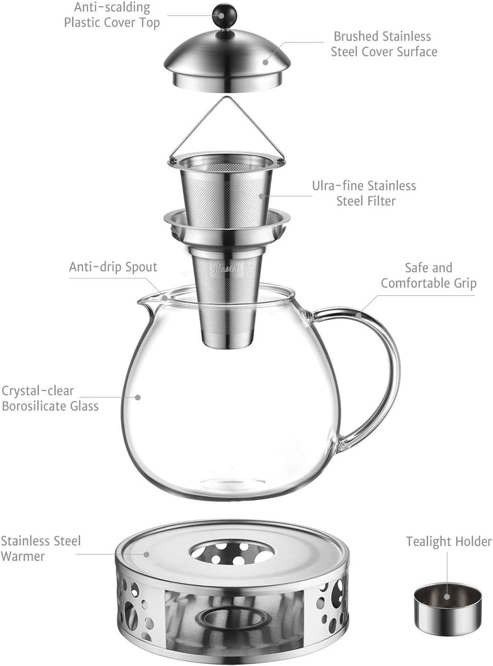 glastal 1500ml Silberne Teekanne mit Stövchen Teebereiter Glas und Edelstahl Teewärmer Teekanne Suit