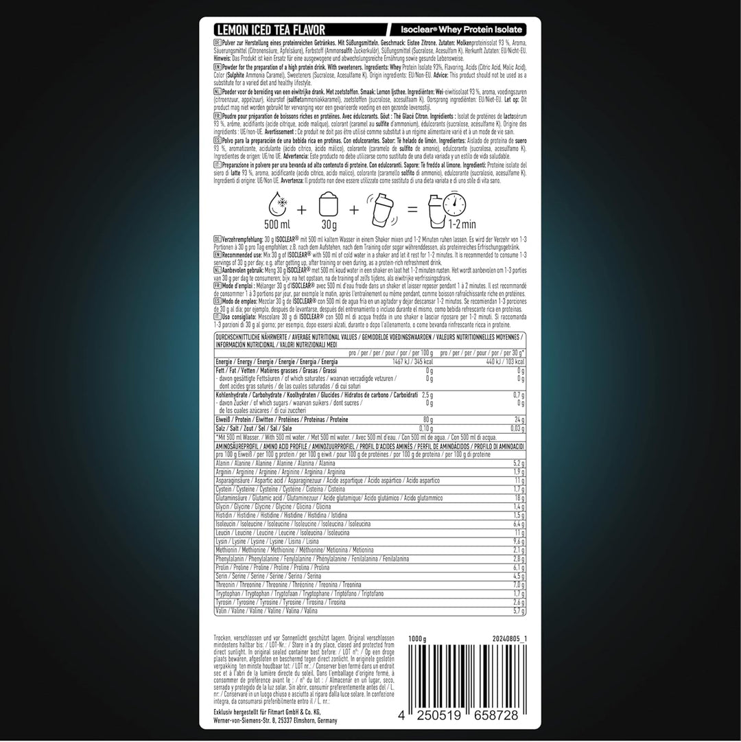 ESN ISOCLEAR Whey Isolate Protein Pulver, 1000g, Lemon Iced Tea, Proteinlimo mit fruchtig leckerem G