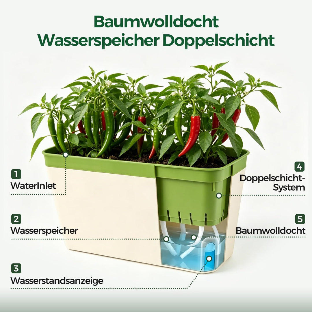 T4U 27cm Selbstwässernder Blumenkasten Kräutertopf mit ERD-Bewässerungs-System Grün 3er-Set Kunststo