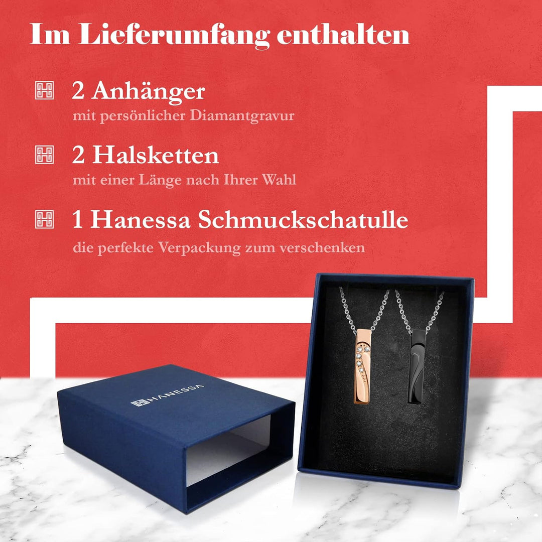 Hanessa 2 Stück Personalisierte Kette mit Gravur Edelstahl 50 cm mit Herz-hälften Anhänger in schwar