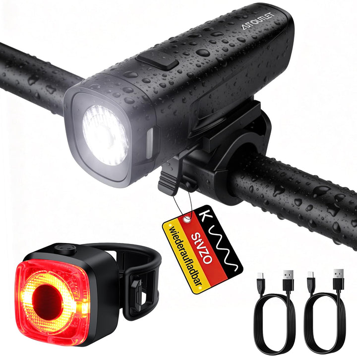 AUTOUTLET Fahrradlicht Set StVZO Zugelassen, 20/40 LUX LED Fahrradbeleuchtung USB-C Aufladbar bis zu