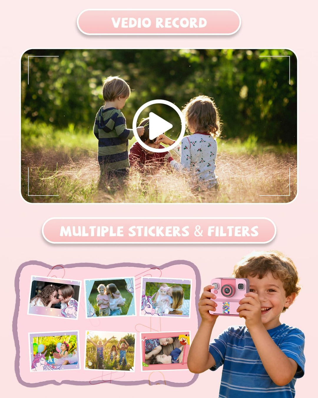 Kinder Sofortbildkamera, 1080p Sofortdruck Kamera für Kinder, 180° drehbares Selfie Objektiv mit 32G