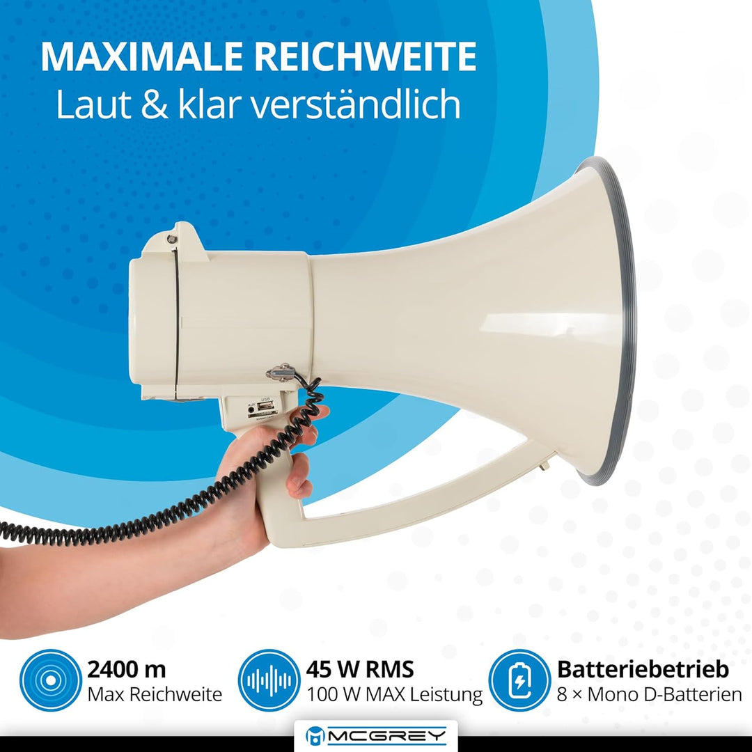 McGrey MP-2000HRS MkII Megaphon - Reichweite: 1500 m bis max. 2400 m auf freiem Feld - Funktionen: S