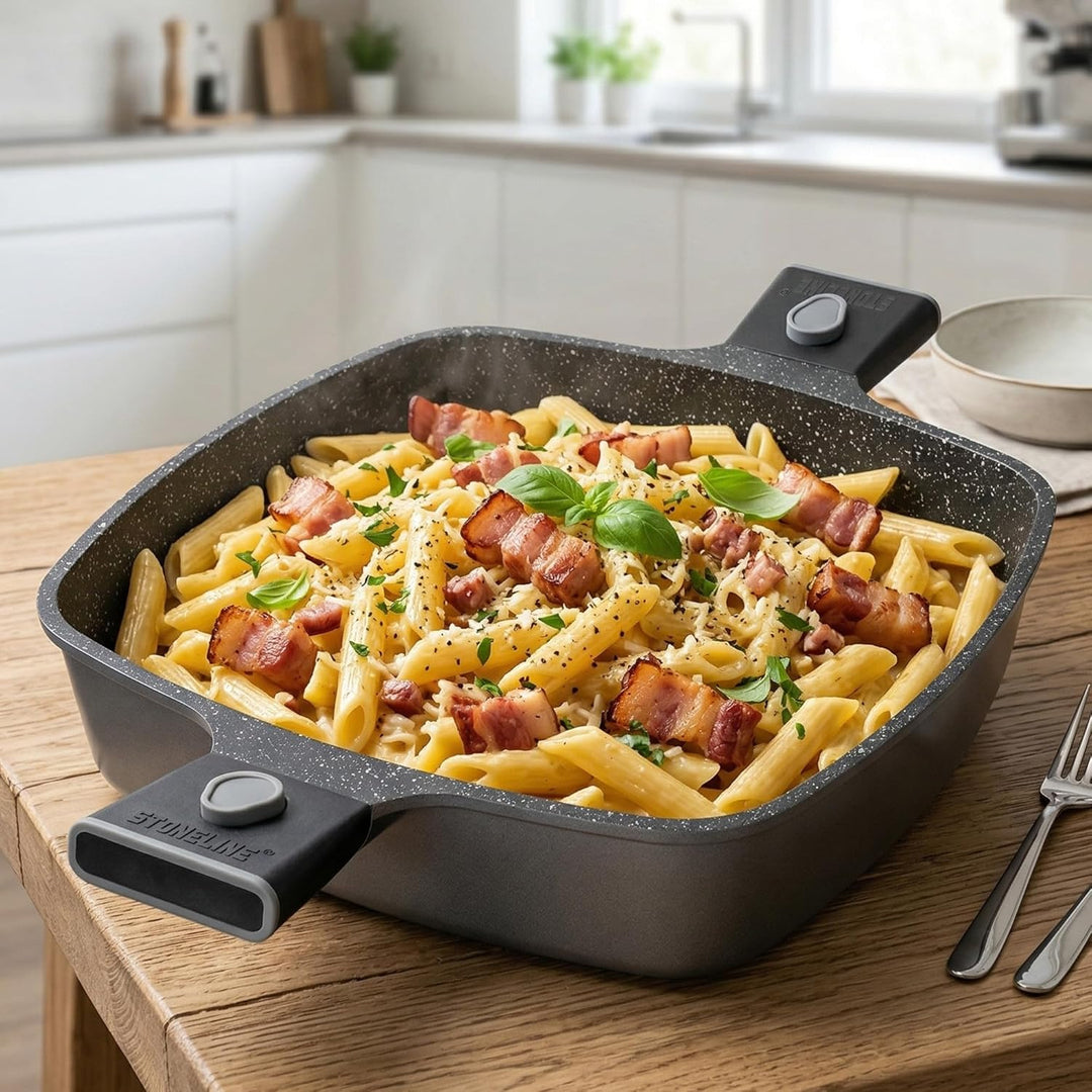 STONELINE SMART Servierpfanne 28 cm, Eckige Pfanne mit Deckel, Abnehmbarer Griff, Aluguss Pfanne Ind