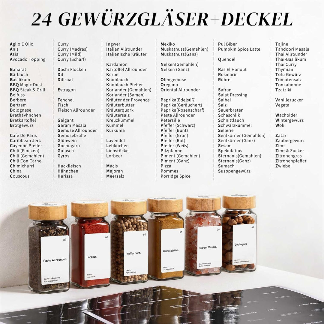 MHDCLY 24er Set Gewürzgläser Eckig mit Bambusdeckel (120ml) - Luftdichte Spice Jars & Gewürzstreuer