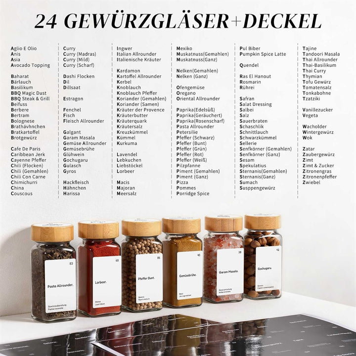 MHDCLY 24er Set Gewürzgläser Eckig mit Bambusdeckel (120ml) - Luftdichte Spice Jars & Gewürzstreuer