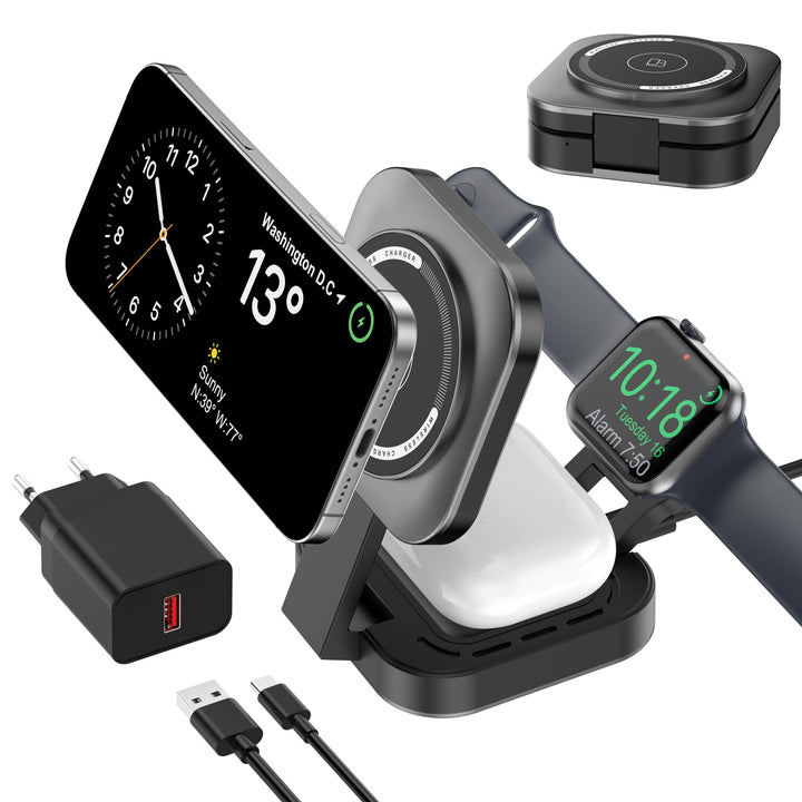 3 in 1 induktive Ladestation für Apple-Geräte, Faltbarer 3 in 1 kabelloses Ladegerät für Magsafe für