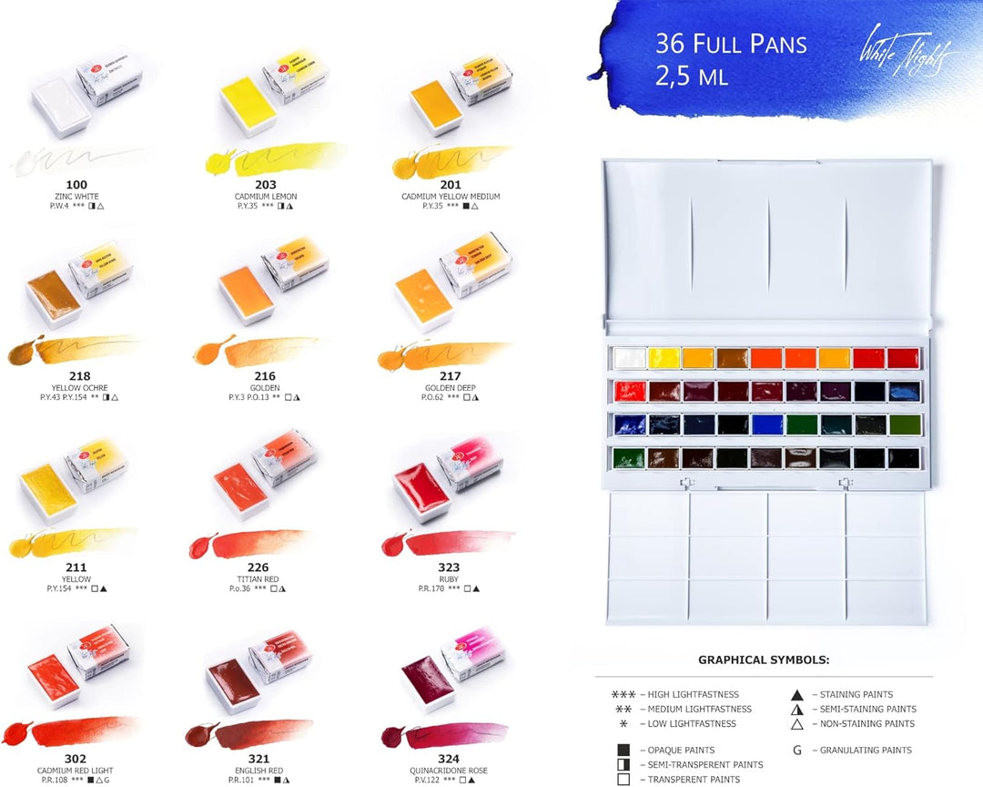 Honsell White Nights russische Künstler-Aquarellfarben im Set, Farben in ganzen Näpfchen im Kunststo