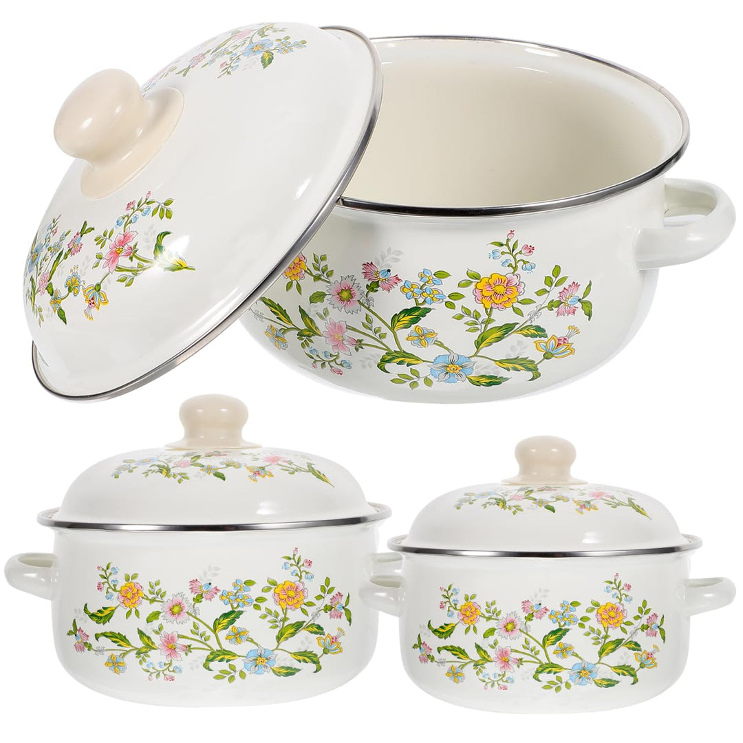 3 Stück Emaille Kochtöpfe Set Mit Deckel Retro Suppentöpfe Für Instantnudeln Suppe Und Milch Flacher