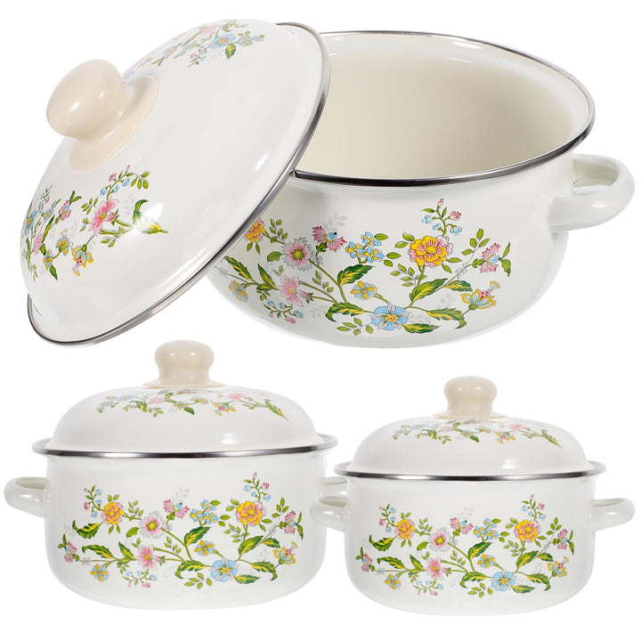 3 Stück Emaille Kochtöpfe Set Mit Deckel Retro Suppentöpfe Für Instantnudeln Suppe Und Milch Flacher
