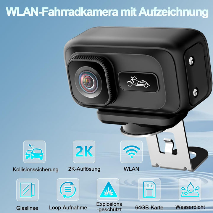 Action Cam Motorrad, 2K & 120° Weitwinkel Motorrad Kamera WLAN, G-Sensor-Kollisionssperre Dashcam Mo