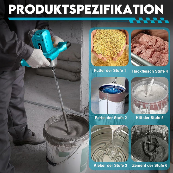 Akku Farbmörtelrührer Kompatibel mit Makita Batterie,Brushless 3200W Rührwerk Zementmischer, 6-Gang-