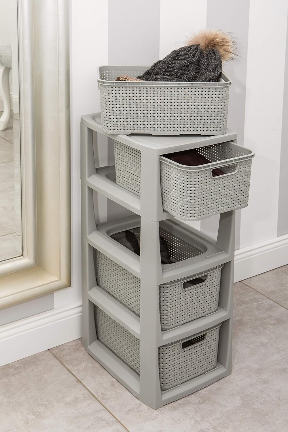 BranQ - Home essential Regal in Rattan Design, BPA-freie Kunststoff PP, Hellgrau, 29,5 x 24 x 64,2 c