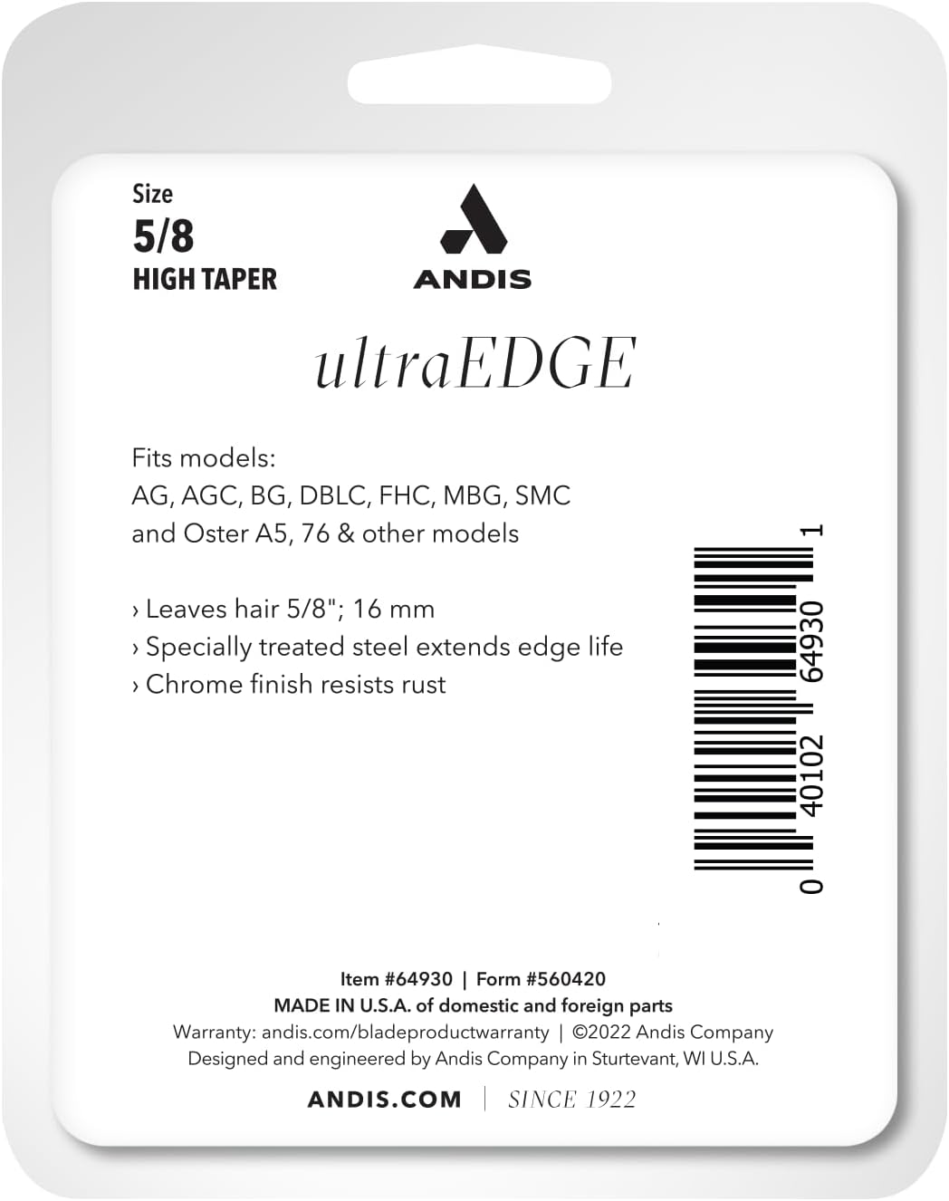 ANDIS 64930 UltraEdge abnehmbare Klinge, Grösse 5/8HT 16 mm, 16 mm