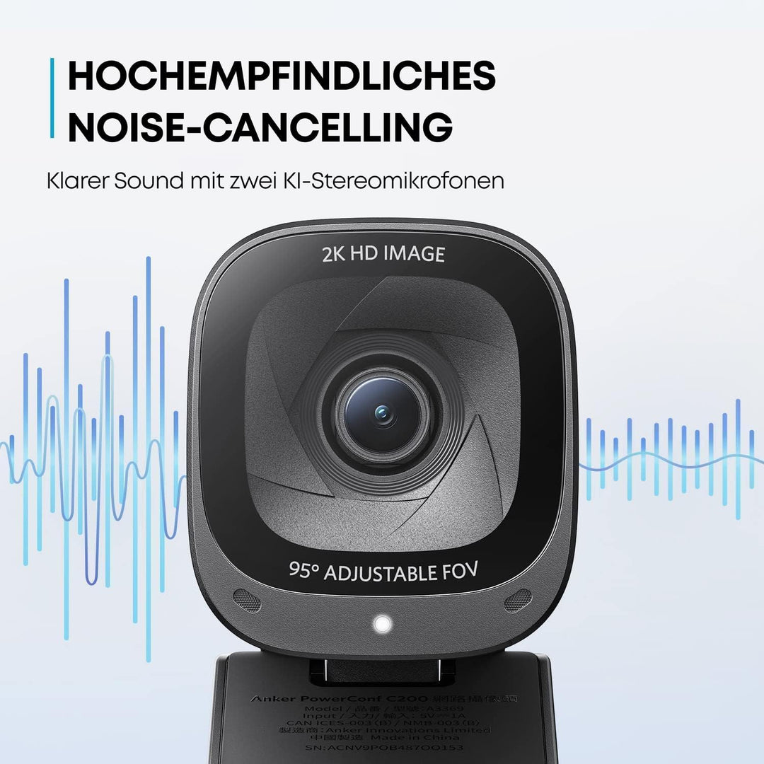 Anker PowerConf C200 2K USB-Webcam, Webcam für Laptops, Mikrofone mit Geräuschunterdrückung und K.I,
