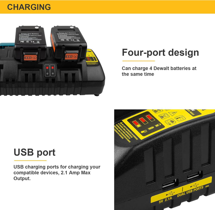 ASUNCELL 4 Ports Akku Ladegerät Kompatibel mit Dewalt 18V XR DCB104, 3.0A 12V-20V MAX Li-Ion Schnell