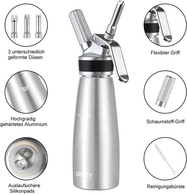 ERWEY Sahnespender 500ML, Sahnesyphon Aluminium, Sahnesprüher Auslaufsicherer Einfach Reinigen mit 3