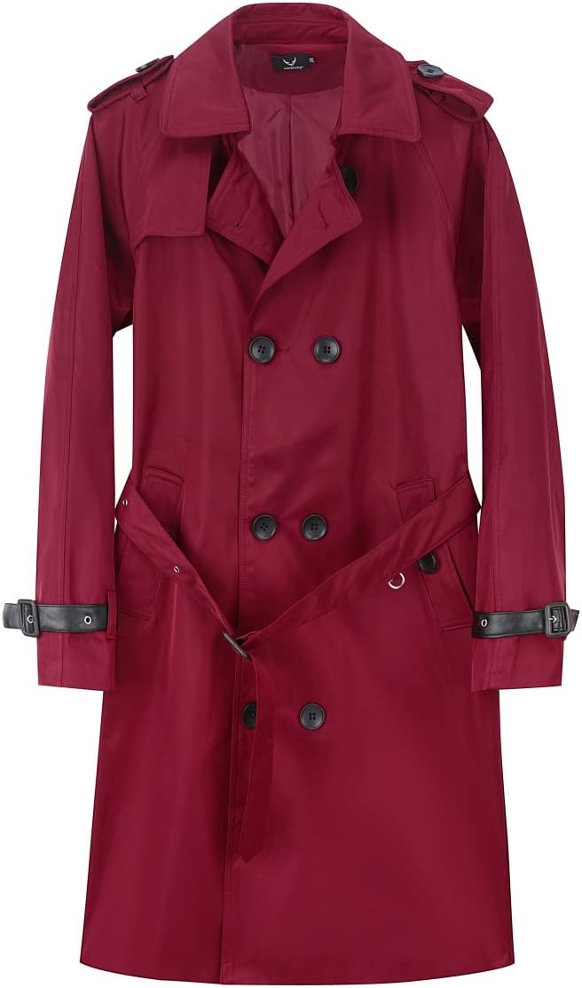 AOWOFS Herren Zweireihiger Trenchcoat mit Gürtel Revers Lang Mantel Business Jacke Frühling Übergang