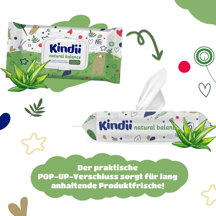 Kindii Natural Balance Feuchttücher – (12x60 Stück) Feuchttücher für Babys und Kinder – Aloe Vera, s