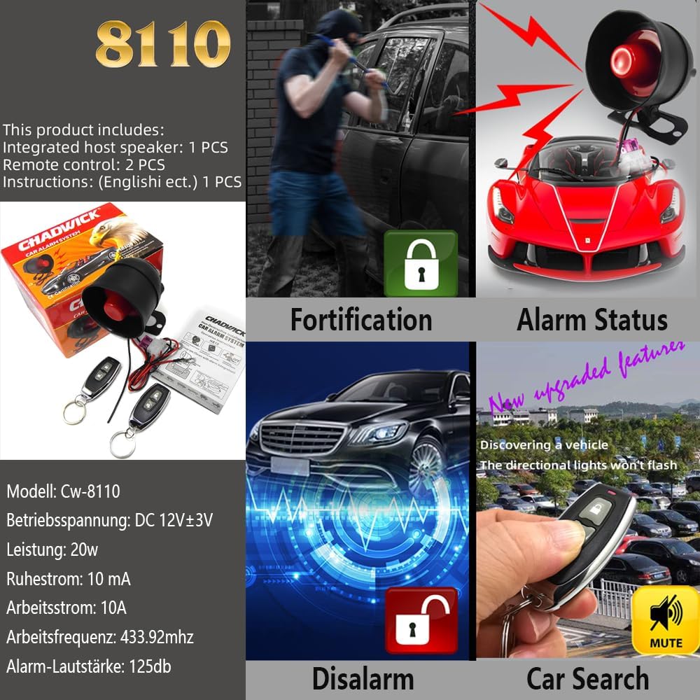 TOTMOX Autoalarmanlage Mit Fernbedienung, 120Db Einbruch-Sicherheitsalarmanlage 6 Töne 7 Stufen Empf