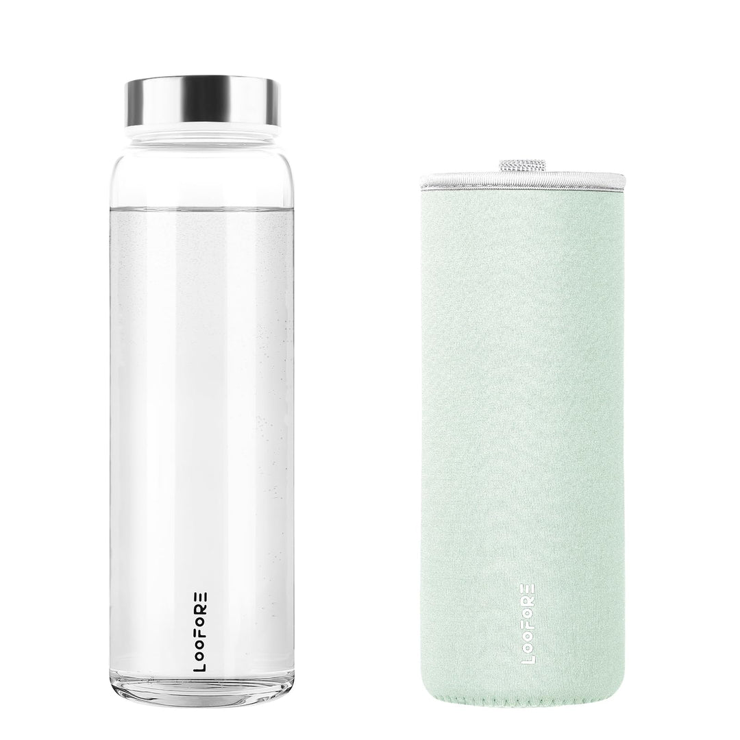 Glasflasche 1 liter / 1l, Wasserflasche Glas 1000ml inkl. Neoprenhülle, BPA freie, Trinkflasche Spül