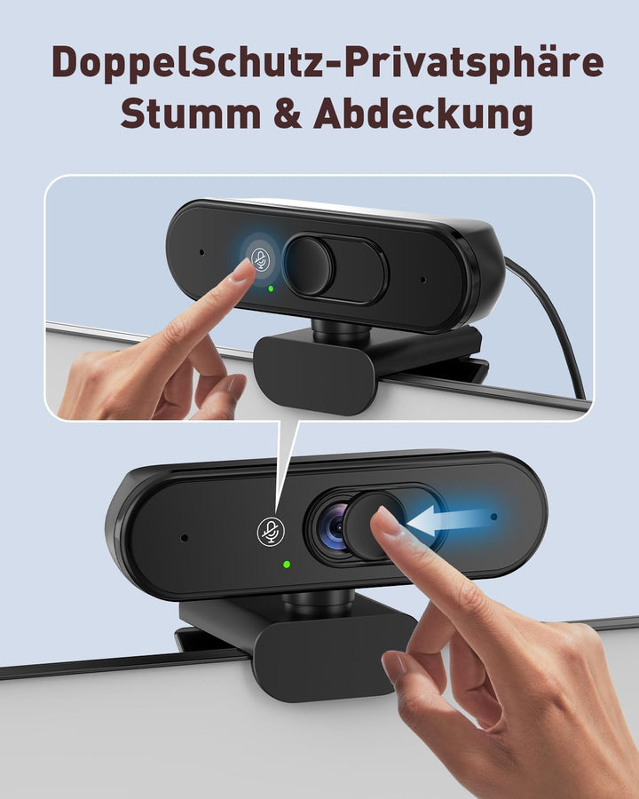 1080P FHD Webcam mit Dualem Privacy-Schutz (Stummschaltung & Abdeckung), Kristallklarem Mikrofon, Na