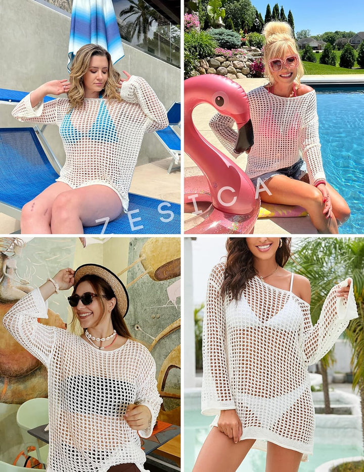 ZESICA Frauen 2023 Sommer Häkeln Aushöhlen Langarm Strand Bikini Badeanzug Mesh Cover Up Tunika Top