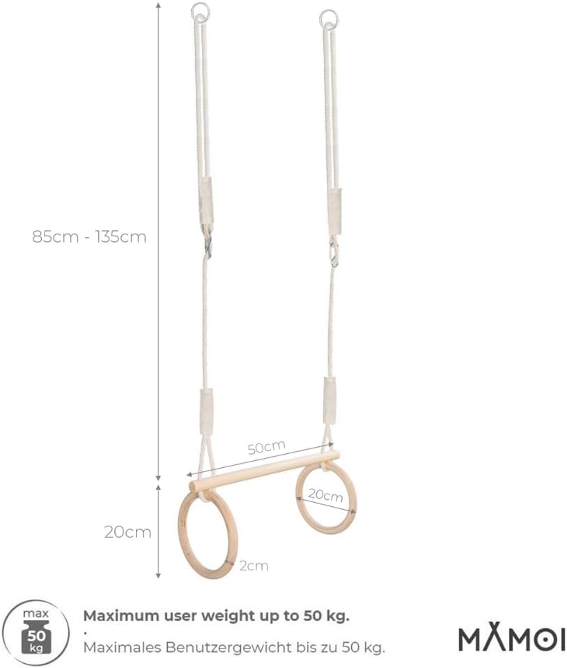 MAMOI® Turnringen Trapez Schaukel 2 in 1 Multifunktions mit Holz Ringe Trapez zum aufhängen bis 50kg