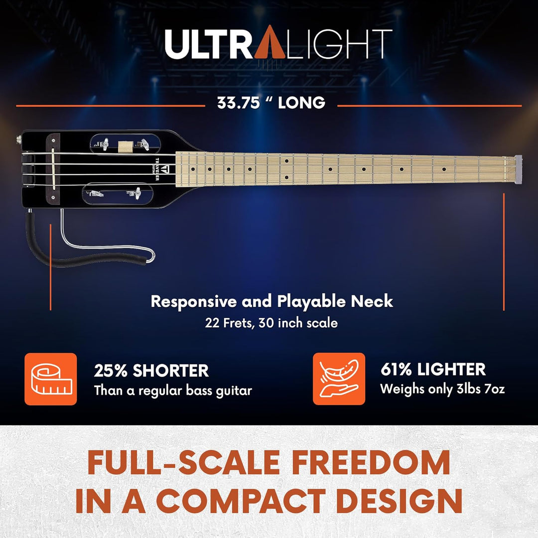Traveler Guitar Ultra-Light Bassgitarre, Schwarz glänzend (ULB BKGMP) Schwarz glänzend Rechtshänder,