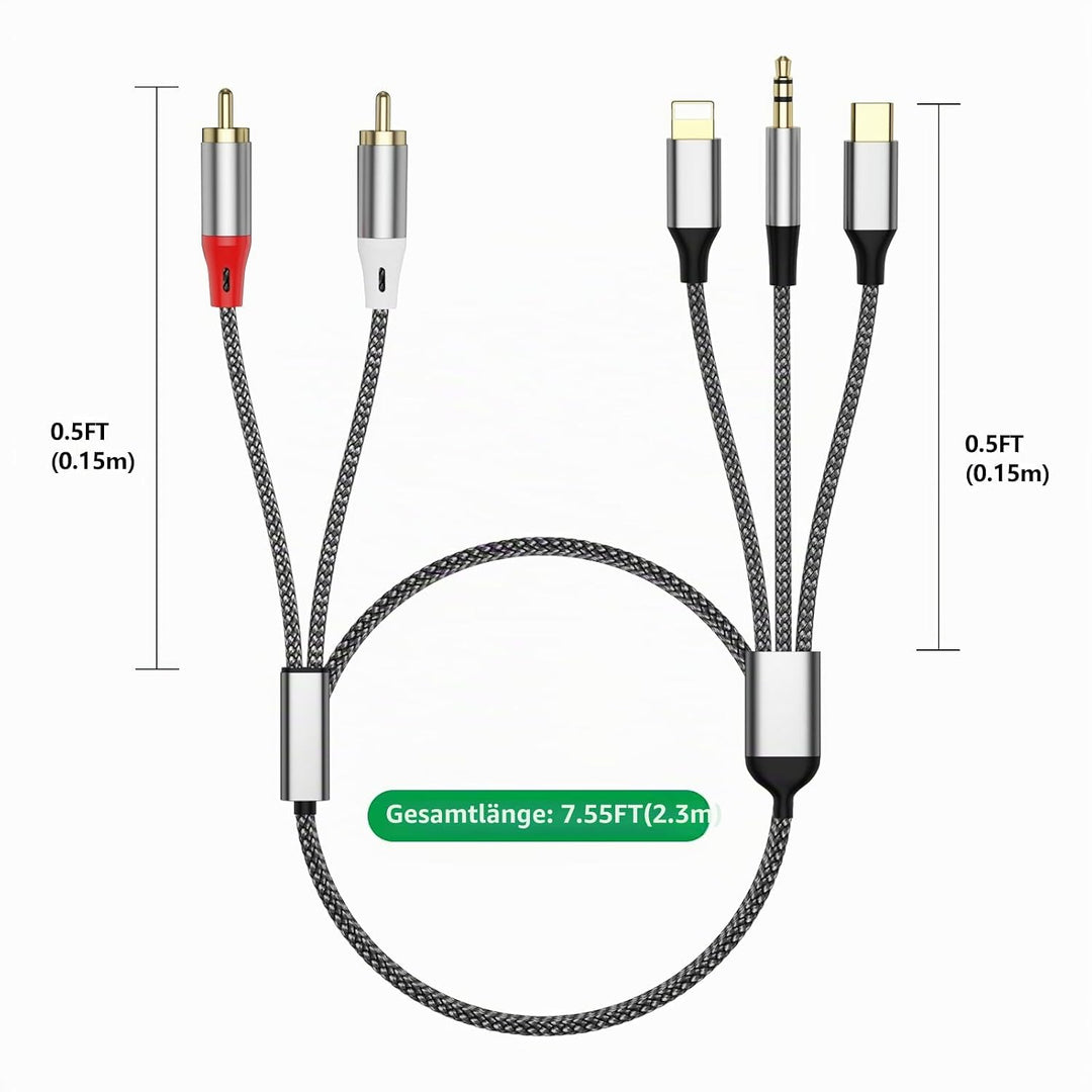 3-in-1 RCA-Audiokabel, verwendet für Lig-htn-ing zu RCA-Kabeladapter, USB C zu 2 R-CA-Kabel, 3.5mm A